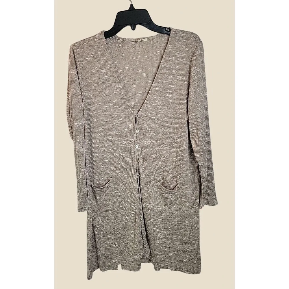 Maurices Cardigan Sweater Longline Button Front Ribbed Knit Pocket Beige Large